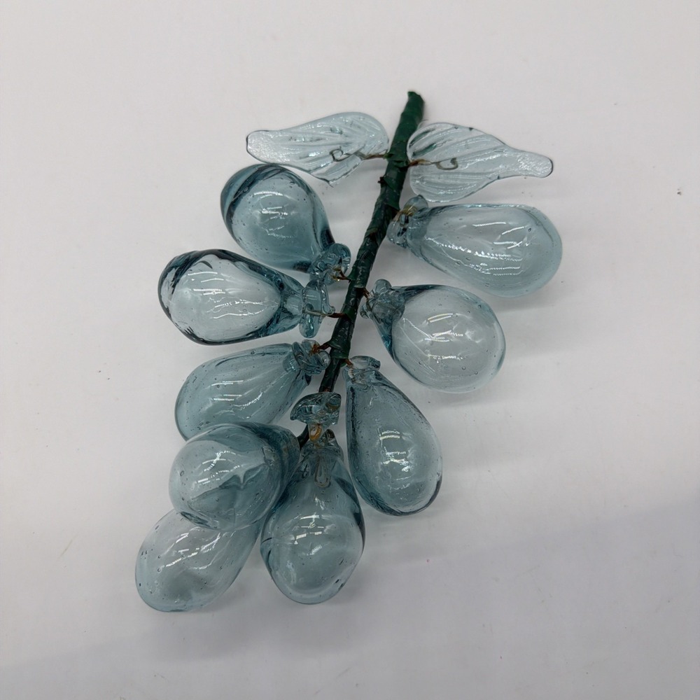 VTG Glass Grapes Cluster Hand Blown On A Vine Aqua Color MCM Retro 70s 80s 90s